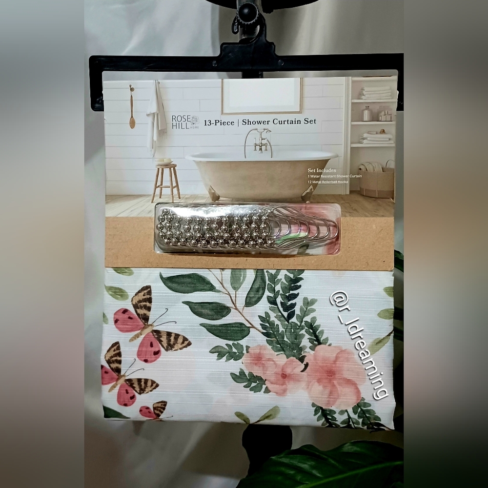 Rose Hill 13-Piece Shower Curtain Metal Hooks with Floral Design Size 72" X 72" - Picture 2 of 4